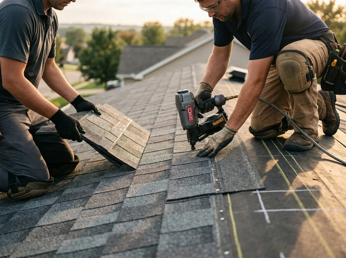 Professional roofer working on a residential roof in Buena Vista